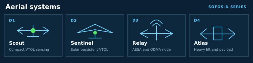 Aerial systems: D1 Scout, D2 Sentinel, D3 Relay and D4 Atlas